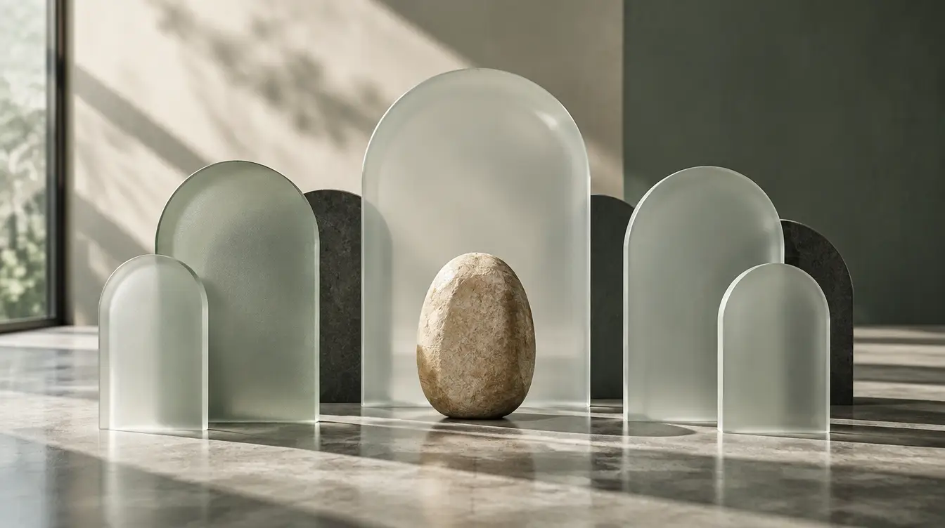 Frosted glass forms surrounding a natural stone