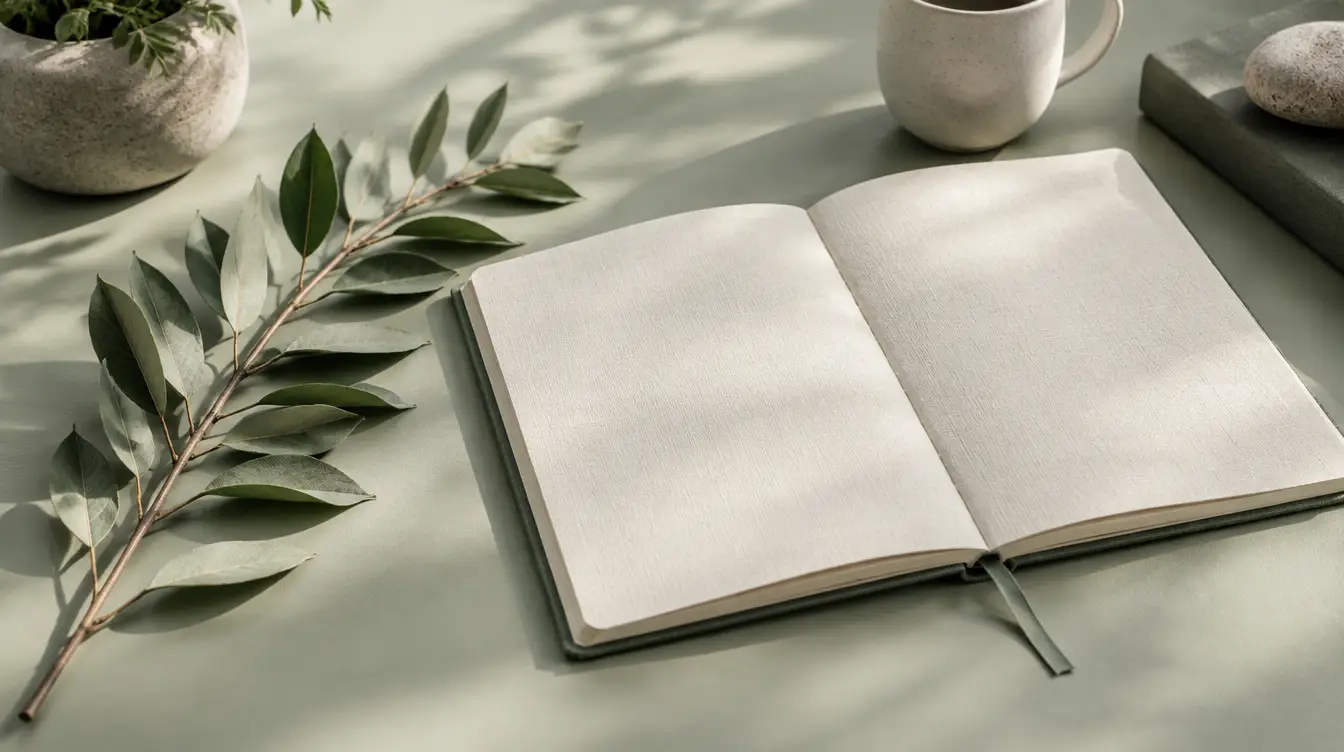 An open notebook and a leafy branch